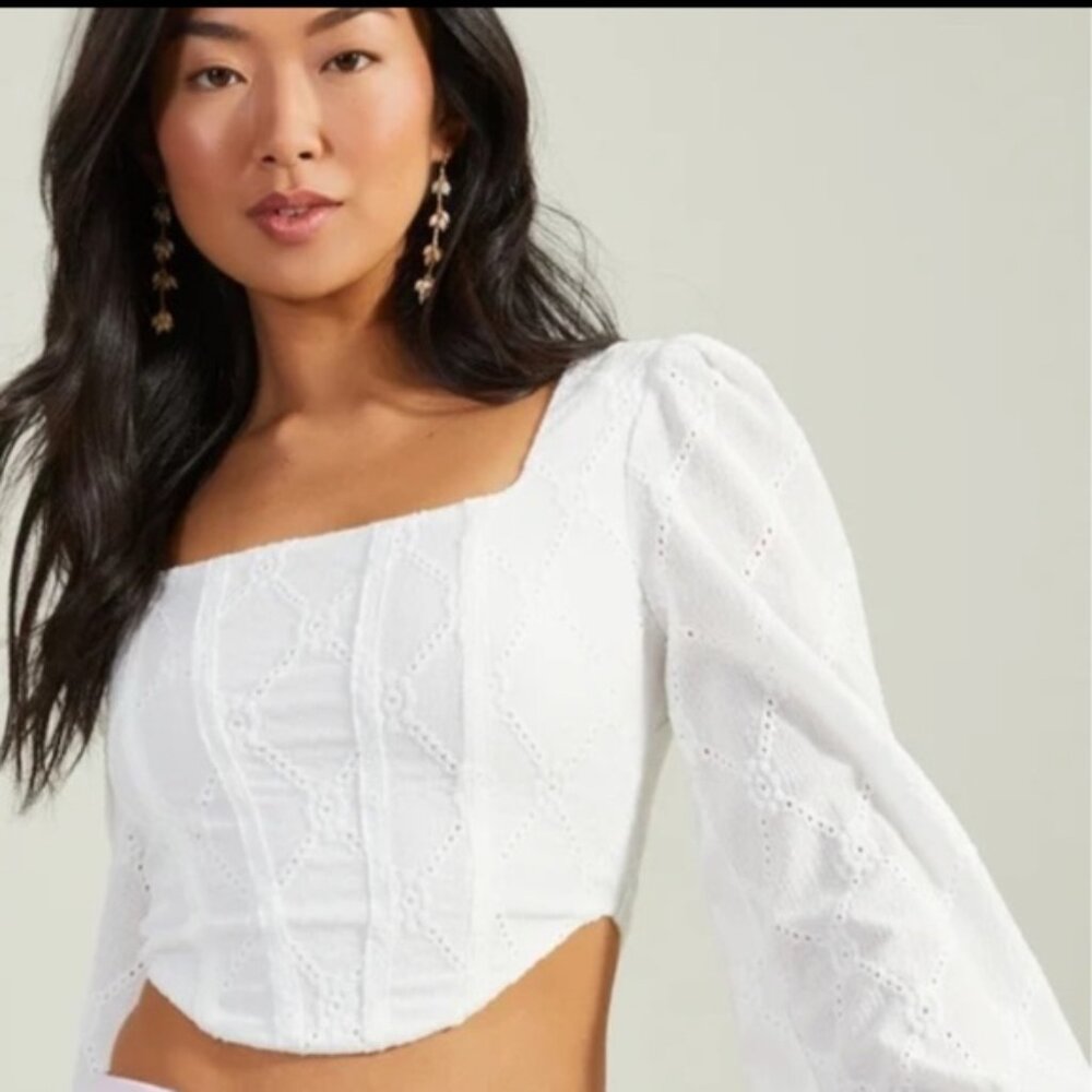 Altar'd State White Embroidered Crop Top Embellished Long Sleeve Size M NWT